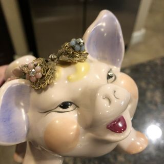 LEFTON Vintage Hand Painted Bejeweled PIG Piggy Bank w/Fragile Porcelain Flowers 4
