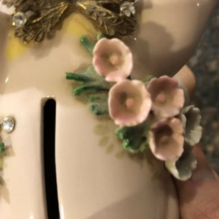 LEFTON Vintage Hand Painted Bejeweled PIG Piggy Bank w/Fragile Porcelain Flowers 5