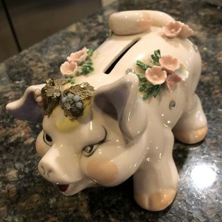 LEFTON Vintage Hand Painted Bejeweled PIG Piggy Bank w/Fragile Porcelain Flowers 6