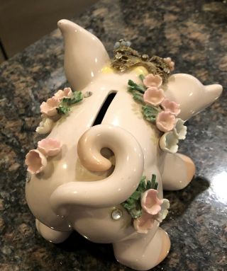 LEFTON Vintage Hand Painted Bejeweled PIG Piggy Bank w/Fragile Porcelain Flowers 7