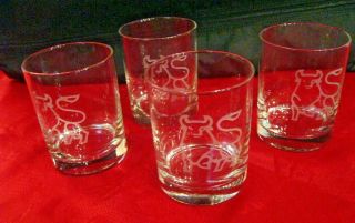 Rare Set Of 4 Vintage Merrill Lynch Etched Bull Logo Bourbon Whiskey Bar Glasses