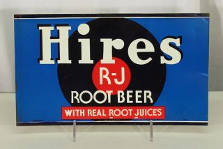 Hires Root Beer " R - J  Real Root Juices " Blue Tin Litho Soda Advertising Sign Rb