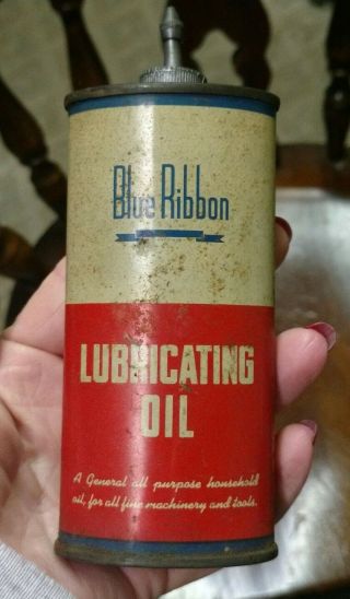 Vintage Blue Ribbon Lubricating Oil Tin Can Lead Top Spout Oval Tin