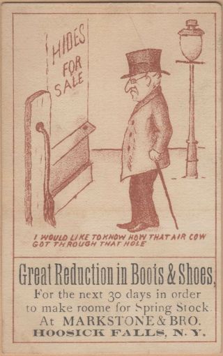 Victorian Trade Card - Shoes - Markstone & Bro - Hoosick Falls,  Ny - Cow 