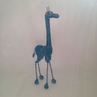Handmade African Turquoise Beaded Wire Giraffe 10.  5 " Tall