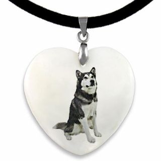 Alaskan Malamute Natural Shell Mother Of Pearl Heart Pendant Necklace Chain Pp79