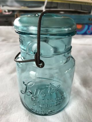 Vintage Lustre Aqua Glass Pint Fruit Jar Bail & Glass Lid,  R.  E.  Tongue Phila (p1