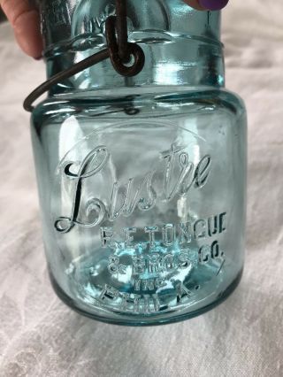 Vintage Lustre Aqua Glass Pint Fruit Jar Bail & Glass Lid,  R.  E.  Tongue Phila (P1 2