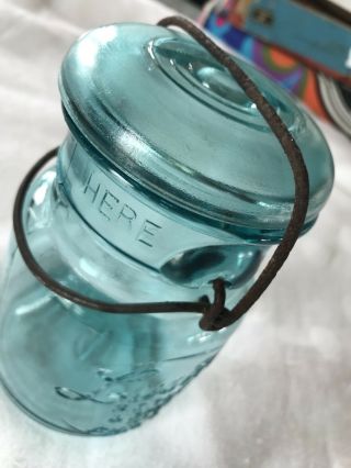 Vintage Lustre Aqua Glass Pint Fruit Jar Bail & Glass Lid,  R.  E.  Tongue Phila (P1 4