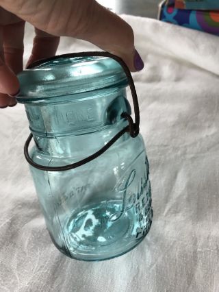 Vintage Lustre Aqua Glass Pint Fruit Jar Bail & Glass Lid,  R.  E.  Tongue Phila (P1 5