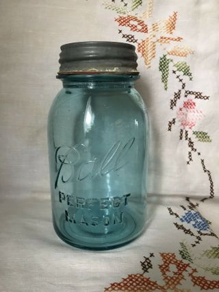 Vintage Blue Ball Perfect Mason Glass Quart Jar With Zinc Lid 13