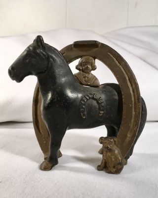 Vintage Buster Brown Cast Iron Still Bank Pony Horseshoe Good Luck