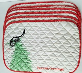 B.  Kliban Cat Place Mats Set 6 Christmas Tree Hanging Cat Quilted Cream Stained