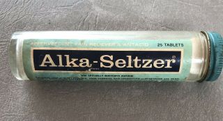 Vintage Alka - Seltzer Tablets Glass Medicine Bottle With Label,  2 Tablets Inside