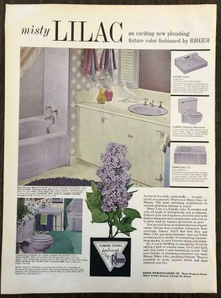 1962 Rheem Plumbing Fixtures Ad Misty Lilac Lavender Fittings Fun Era Decor Art