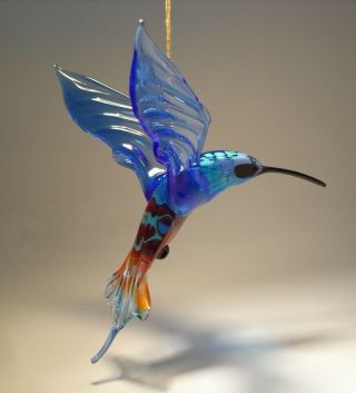 Blown Glass Figurine Bird Hanging Blue Hummingbird Ornament
