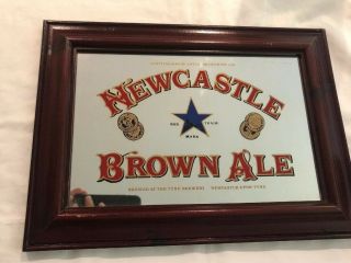 Vintage 16” By 11” Newcastle Brown Ale Beer Sign Mirror Glass Wood Breweriana