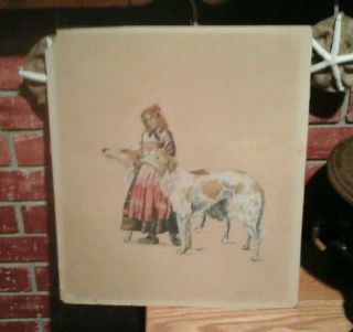 Vintage Two Irish Or Russian Wolfhounds & Girl W/c Mixed Media Painting