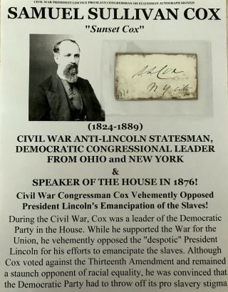 Civil War President Lincoln Pro Slave Congressman Oh Statesman Autograph Signed