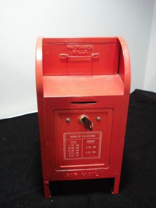Vintage.  Red Metal.  " Brumberger.  ".  Mail Box.  Bank.  W/ Key.  U.  S.  A.