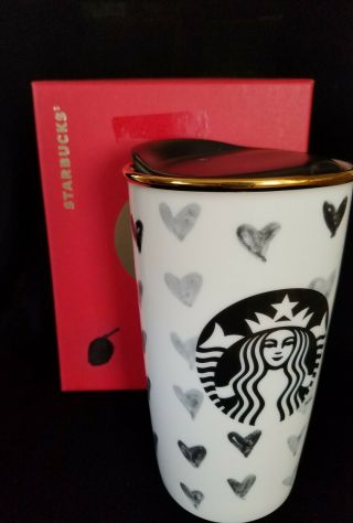 Starbucks 2014 Black/white Hearts Ceramic Travel Mug Tumbler Cup With Lid Nib