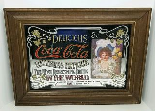 Vintage Coca Cola 5 Cents Relieves Fatigue Wood Framed Pub Mirror Sign 23x17
