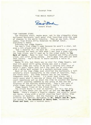 Robert Bloch Signed Pre - Publication Excerpt From The Movie People 1969 Story
