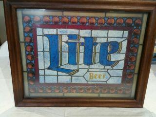 Vintage Miller Lite Beer Lighted Bar Sign - Stained Glass Look (1984?)