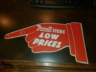 Vintage Rexall Stores " Low Prices " Pointed Finger Window Sign Close To 16 " Nos