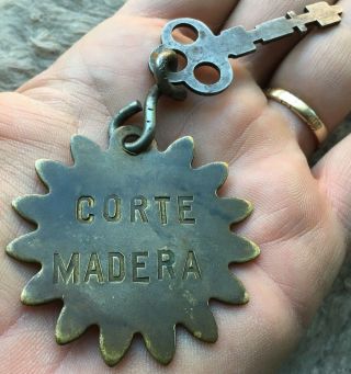 Ca.  1910’s Corte Madera,  Marin County,  California Antique Room Key With Fob