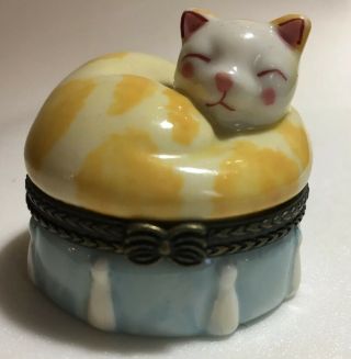 Sleeping Yellow Tabby Cat Hinged Decorative Porcelain Trinket Box