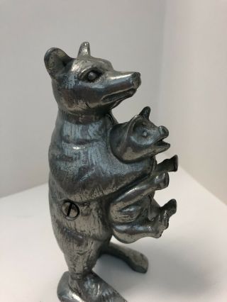 Vintage Cast Iron Metal Standing Bear Holding Pig Penny Bank Pewter Still Wolf