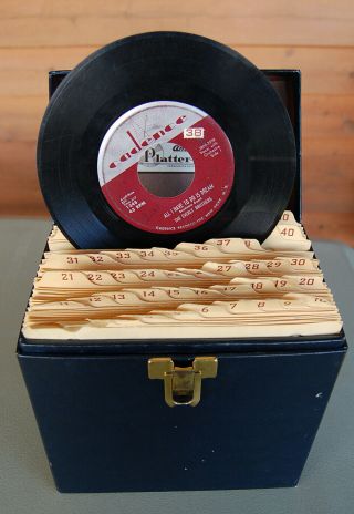 Vintage Platter Pak carrying case filled with 49 vinyl 45 rpm records 6