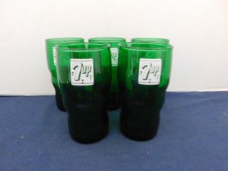 Vintage 7 - Up Drinking Glasses Set Of 5 Forest Green Short 5 " Tall