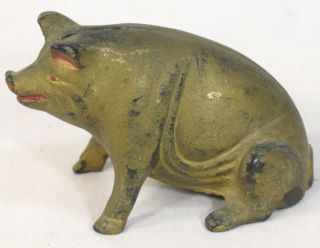 Vintage Cast Iron Coin Piggy Bank In Shape Of Sitting Pig,  2 - Piece,  Gold Color