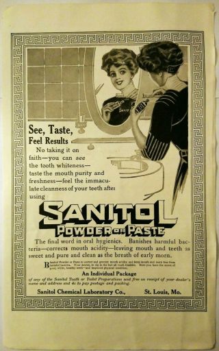1911 Antique Paper Print Ad Sanitol Powder Or Paste Tooth Toilet Preparation