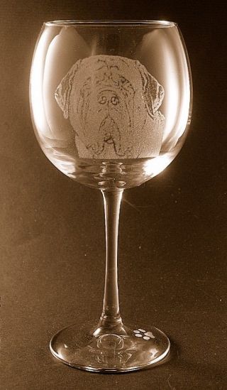 Etched Neopolitan Mastiff On Large Elegant Wine Glasses - Set Of 2