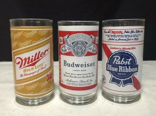 3 Vintage Beer Glasses Pabst Blue,  Budweiser,  Miller High Life