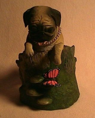 Pug With Butterfly Collectible Dog Figurine Brown Stone Resin Hand Painted