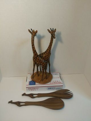 Hand Carved Wooden Giraffe Couple 12 Inches Tall With Spoon And Fork