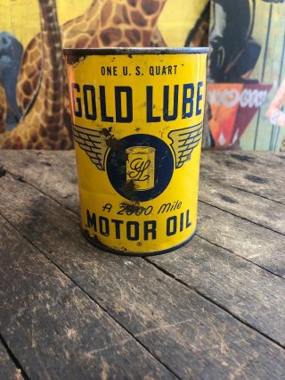 Vintage Gold Lube Motor Oil Quart Can Gas & Oil Garage Gas Station Sign Motor