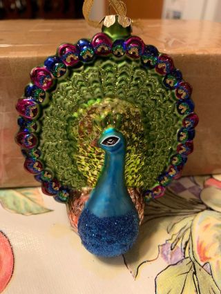 Vintage Hand Blown Glass Sparkle Peacock Bird Ornament Rare