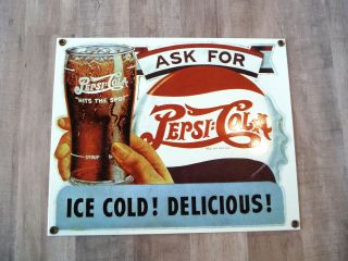 Vintage Ande Rooney Porcelain Enameled Pepsi - Cola Ask For A Pepsi Metal Sign