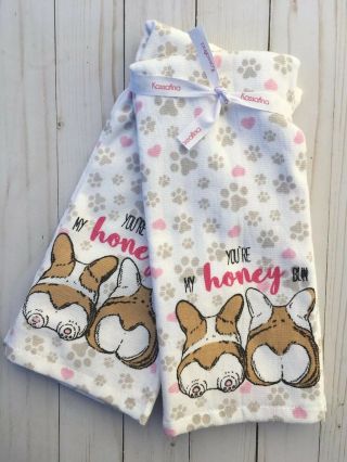 Nwt Corgi Dog “you’re My Honey Bun ” Valentine Towels Set Of 2
