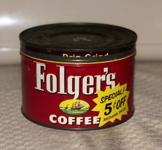 Vintage Advertising Tin Folgers Coffee Can 1lb 1952 Copyright 5” X 3 1/2” Old