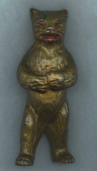 18 - 1900 Cast Iron Gold & Red Large Angry Standing Bear Still Bank - All