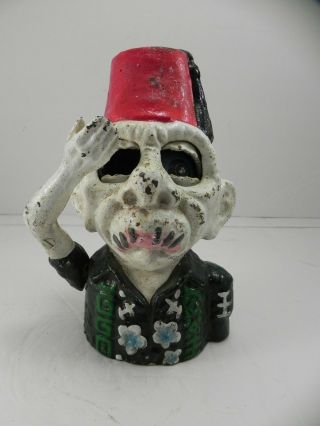 Vintage Alfredo Cast Iron Mechanical Coin Bank Shriner Fez Hat Zombie