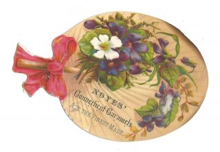 Old Die Cut Trade Card Noyes Connecticut Caramels Flowers Fan Candy Pansies