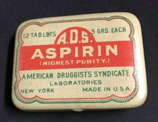 Vintage Small 12 Tablet Aspirin Tin Ads American Druggist Syndicate Laboratories