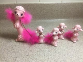 Vintage Brinns Poodle Family 4 Pups On Chains Figurine Pink Fur Hair Japan